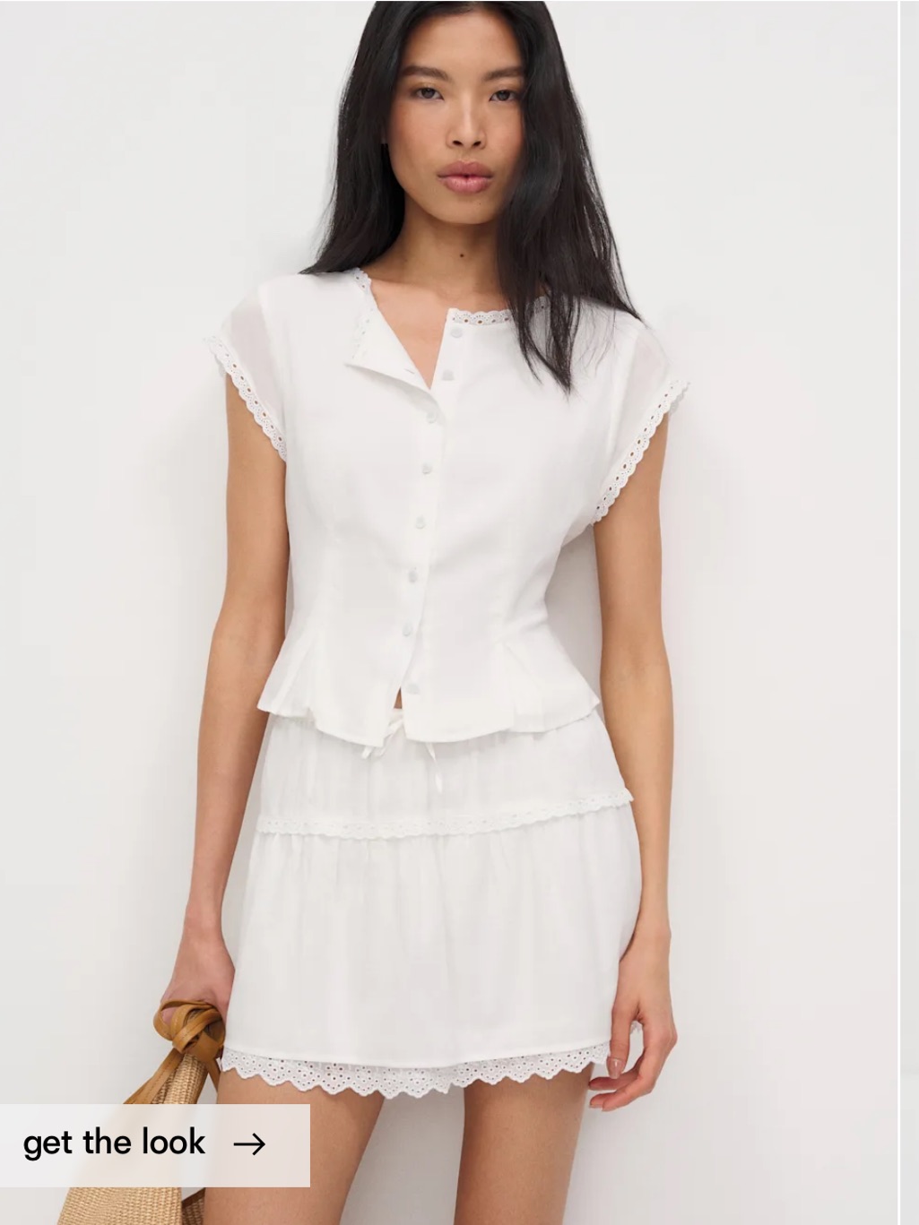 Reformation - Valetta Two Piece White Eyelet Trim Button Front Top And Skirt Set